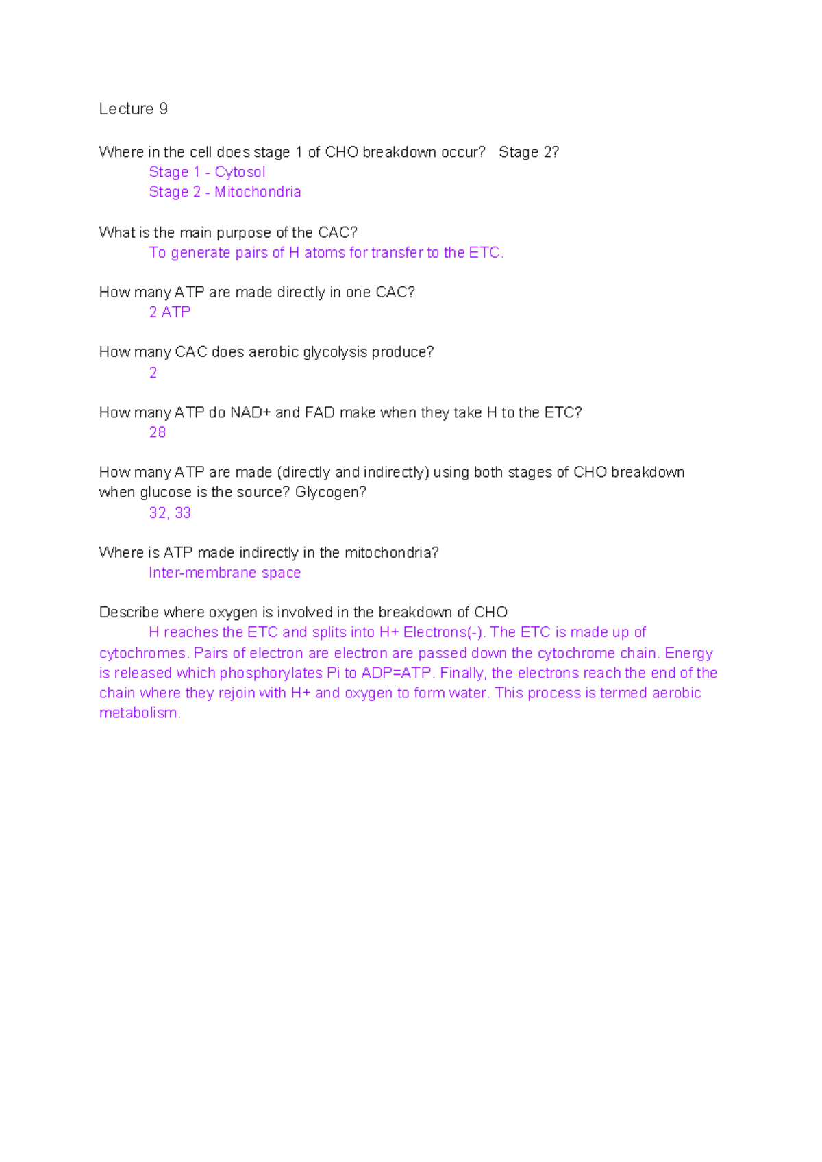 9-12 lectures - Where in the cell does stage 1 of CHO breakdown occur ...