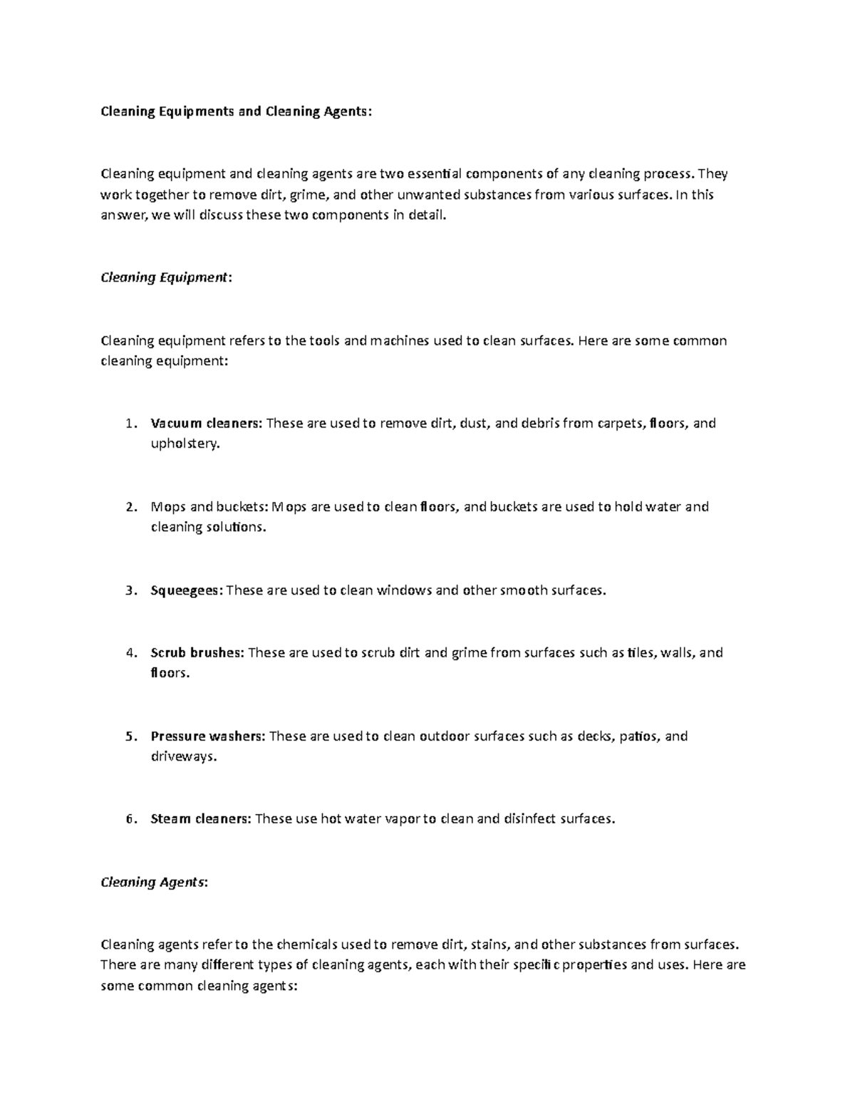 Cleaning Equipments and Cleaning Agents Cleaning Equipments and