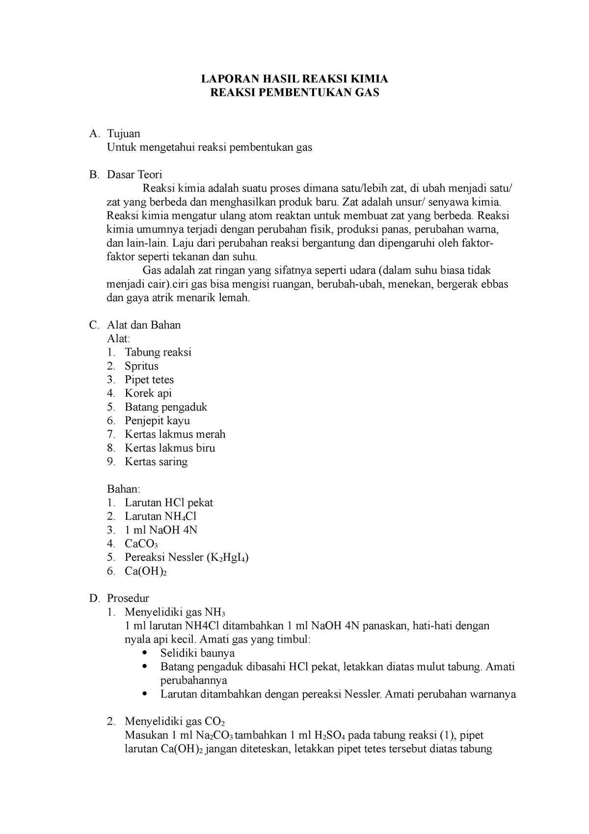 Laporan Praktikum Pembentukan Gas Laporan Hasil Reaksi Kimia Reaksi Pembentukan Gas A Tujuan 5432