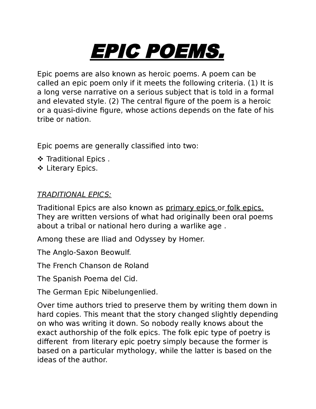 EPIC Poems Brief Understanding On Epics EPIC POEMS Epic Poems Are 