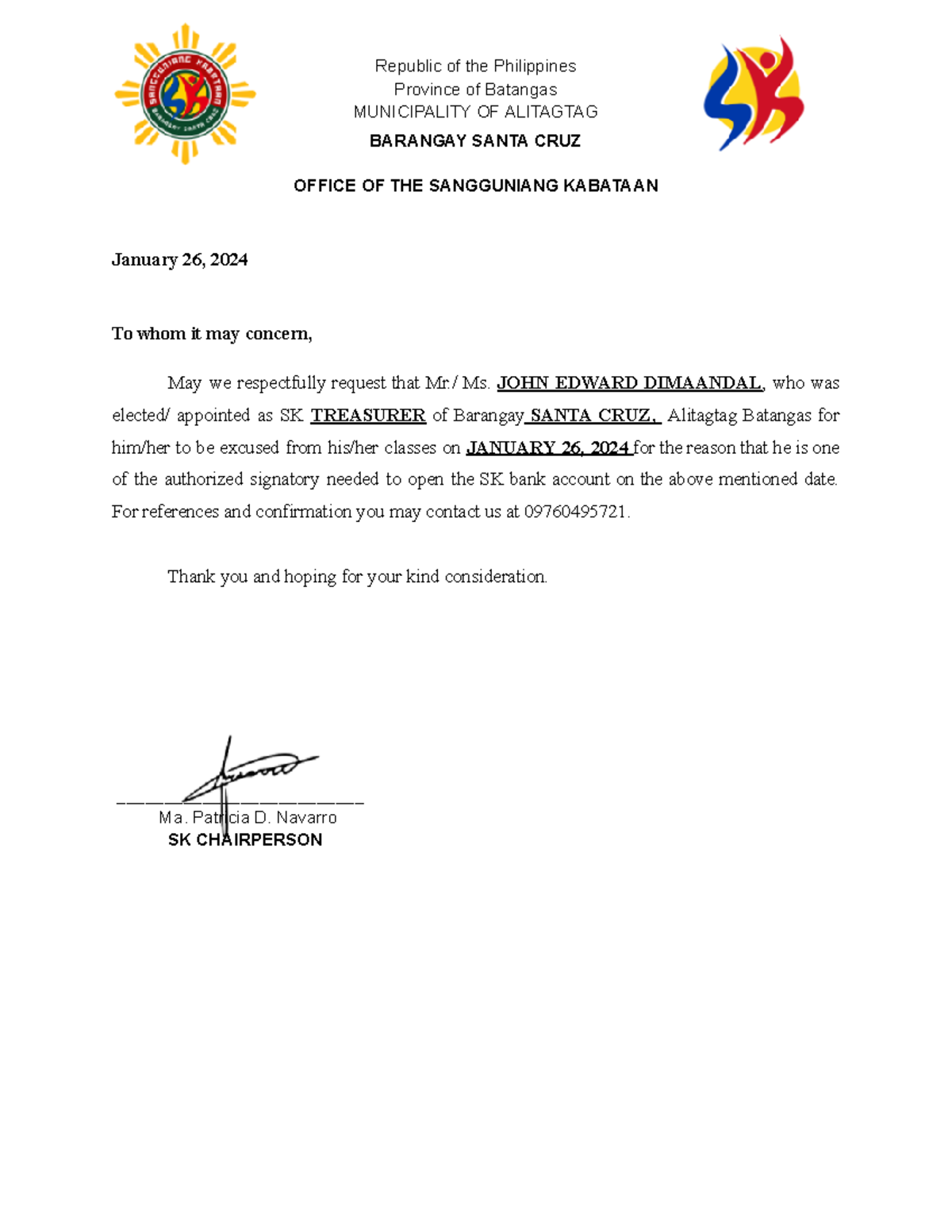 Excuse letter - Republic of the Philippines Province of Batangas ...