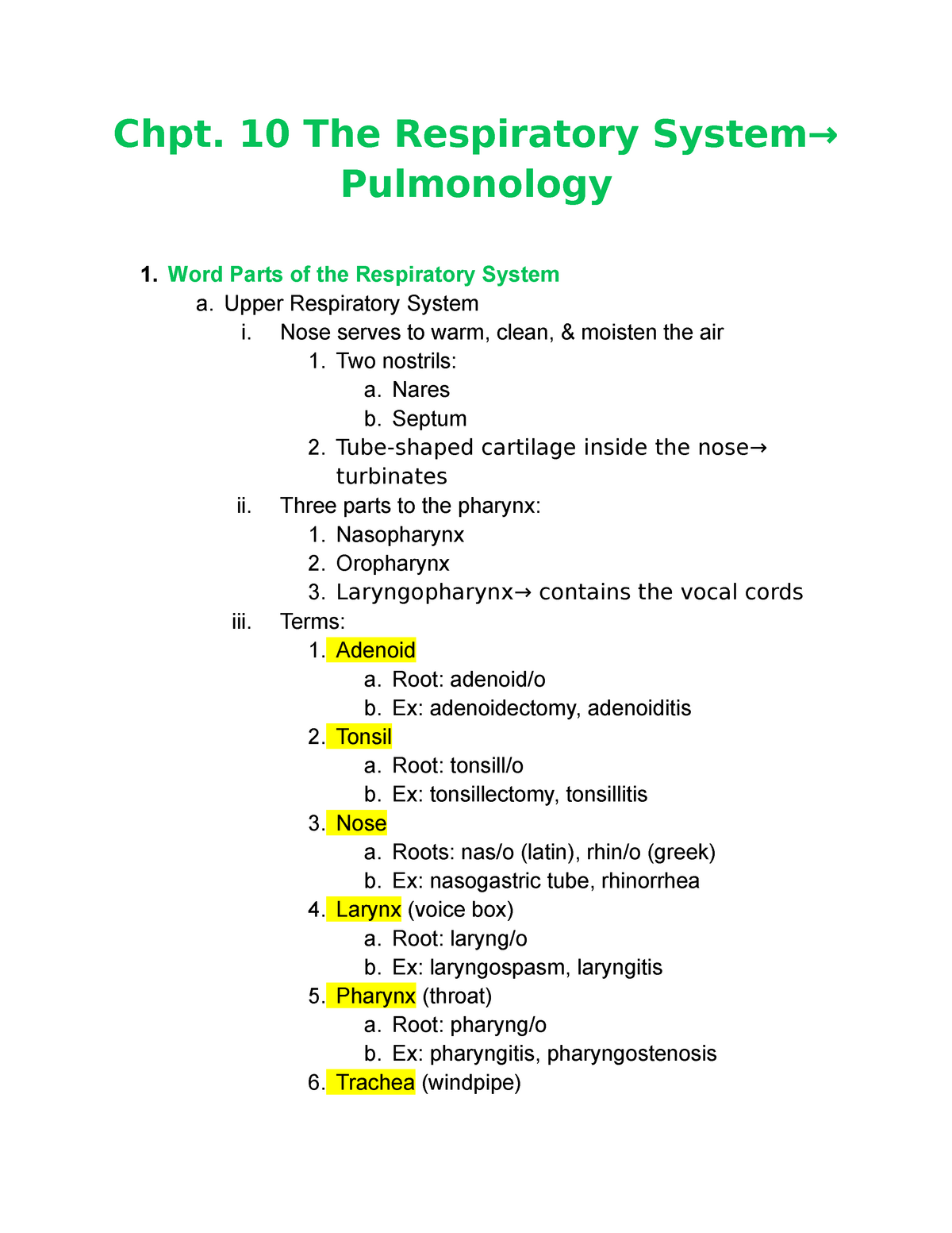 Medical Terminologies Chpt 10 Notes Chpt 10 The Respiratory System→