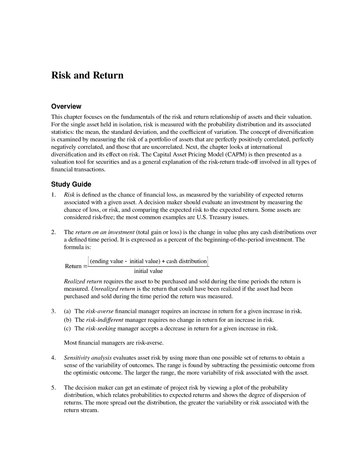 literature review on risk and return analysis