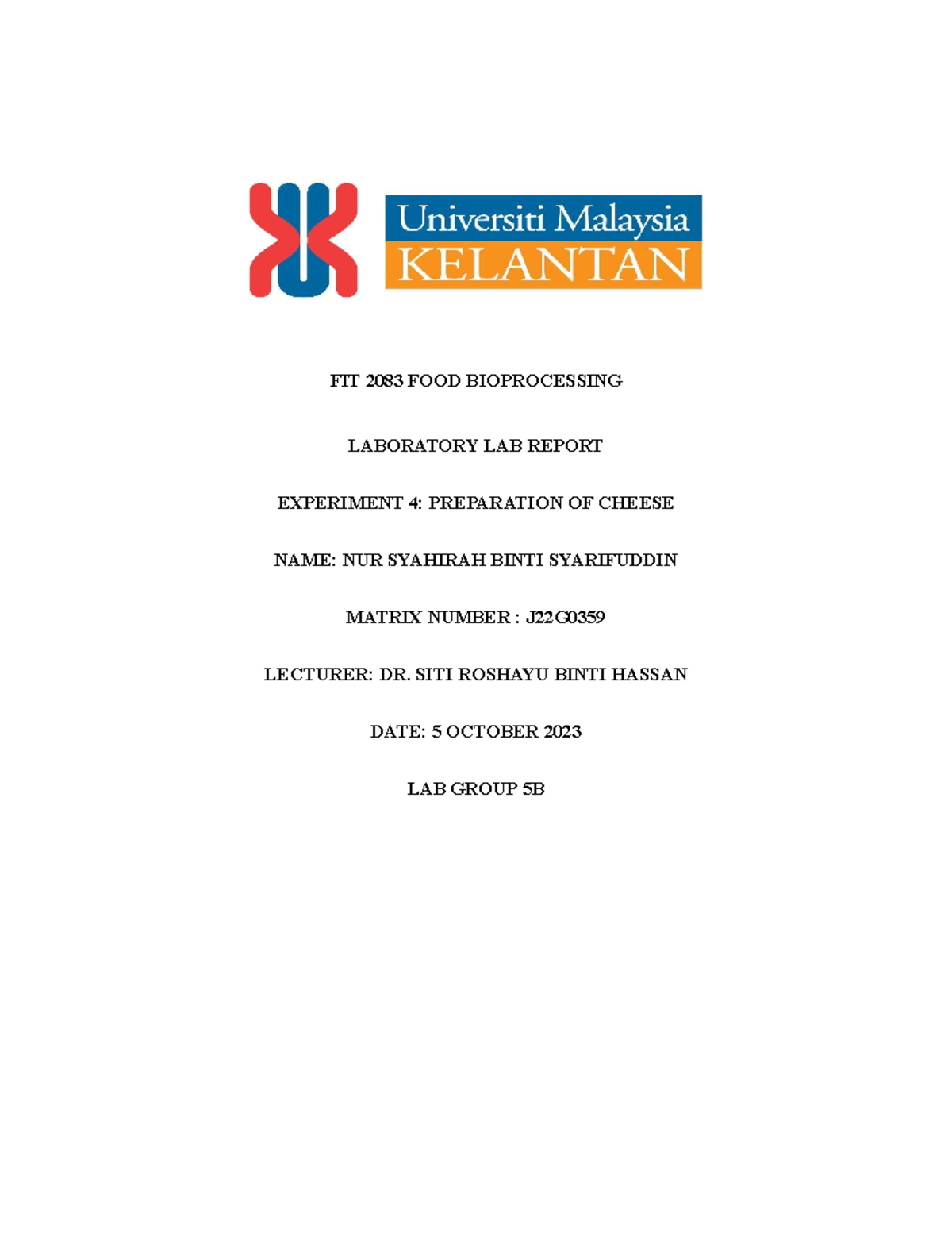 LAB Report Experiment 4 Preparation OF Yogurt FIT 2083 FOOD
