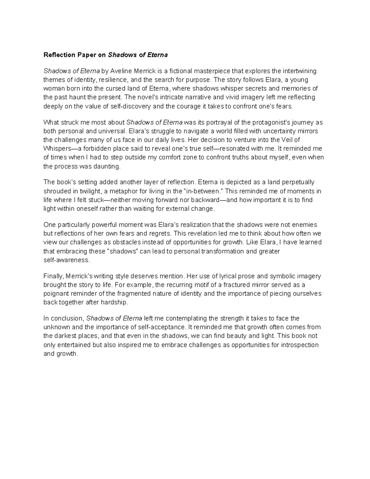 Reflection Paper on Shadows of Eterna - The story follows Elara, a ...