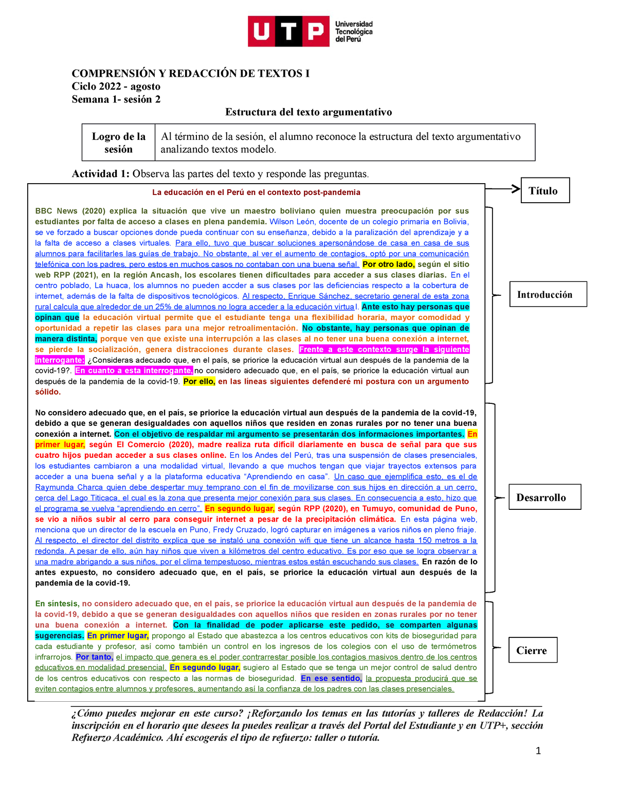 S S Material Estructura Del Texto Argumentativo Utp Comprensi N Y Redacci N De Textos I