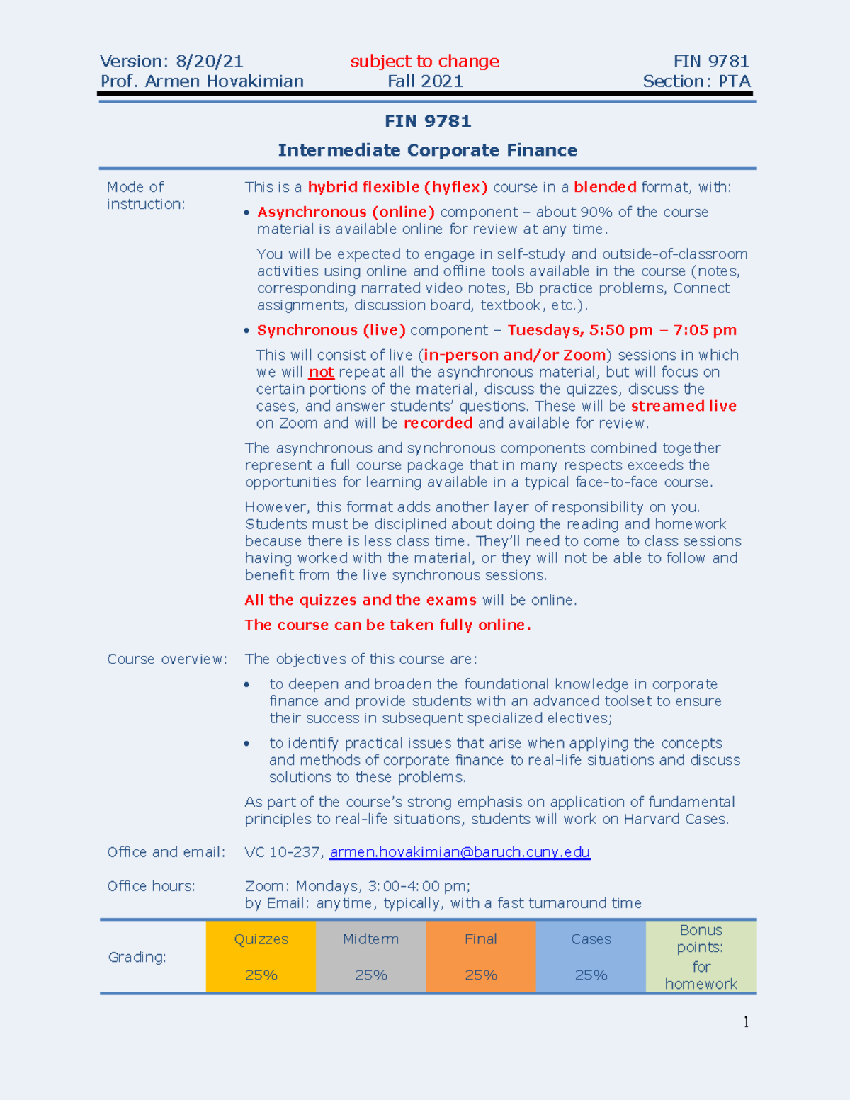 FIN 9781 Fall 2021 Syllabus - Version: Prof. Armen Hovakimian Subject ...