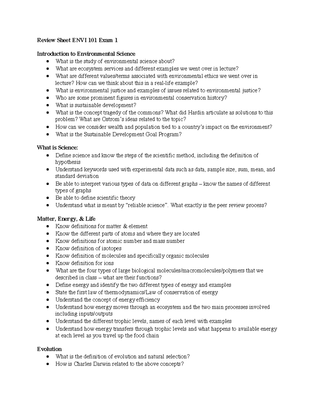 ENVI101Review Sheet Exam 1 - Review Sheet ENVI 101 Exam 1 Introduction ...