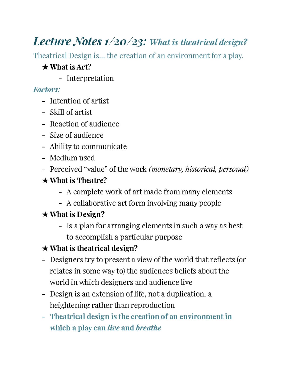 Lecture Intro to Design - Lecture Notes 1/20/23: What is theatrical ...