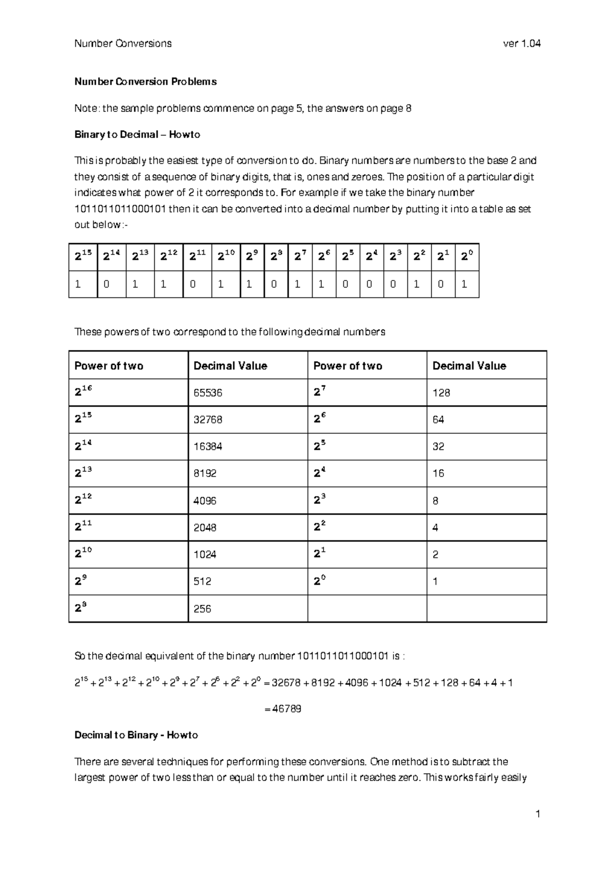 number conversion problem notes - Number Conversion Problems Note: the ...