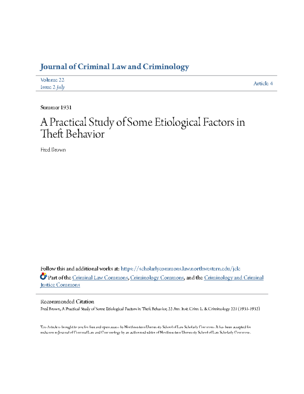 A Practical Study of Some Etiological Factors in Theft Behavior ...