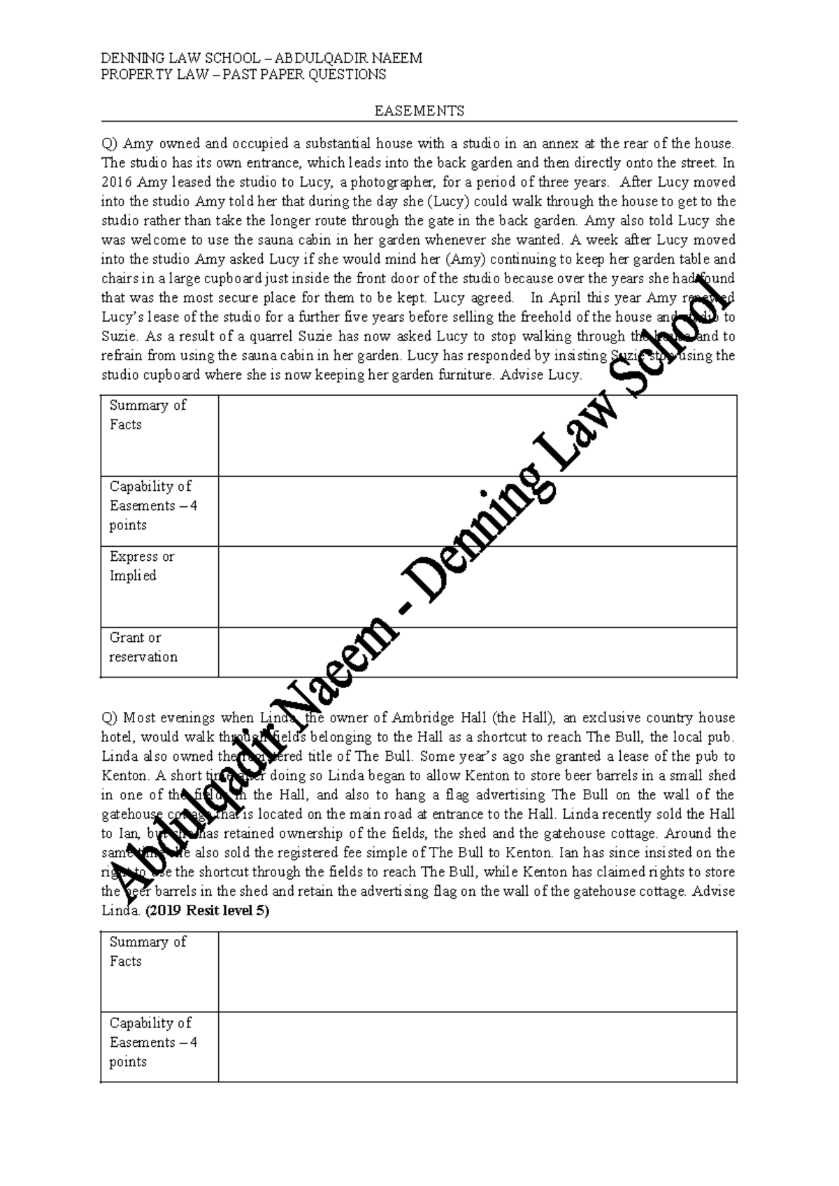Easements answer structure DENNING LAW SCHOOL ABDULQADIR NAEEM PROPERTY LAW PAST PAPER