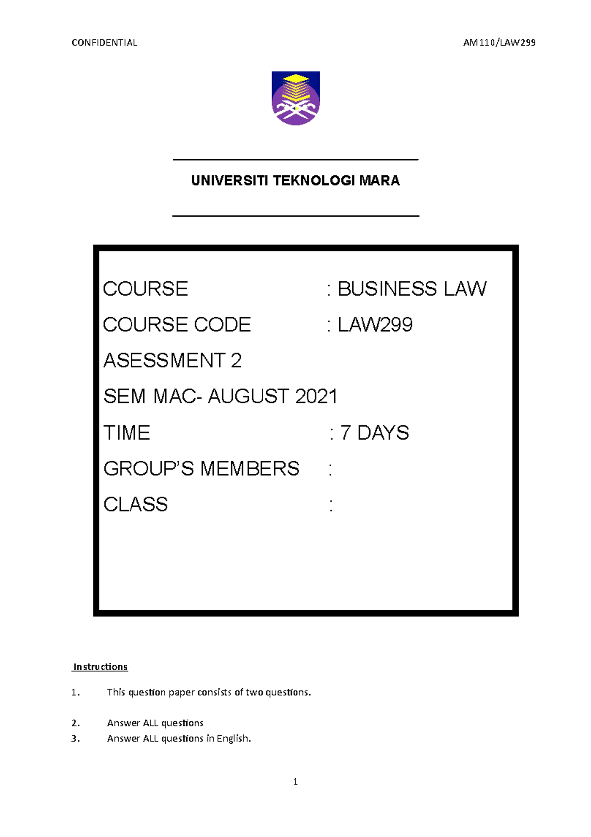 LAW299 Assessment 2 2021 - CONFIDENTIAL AM110/LAW