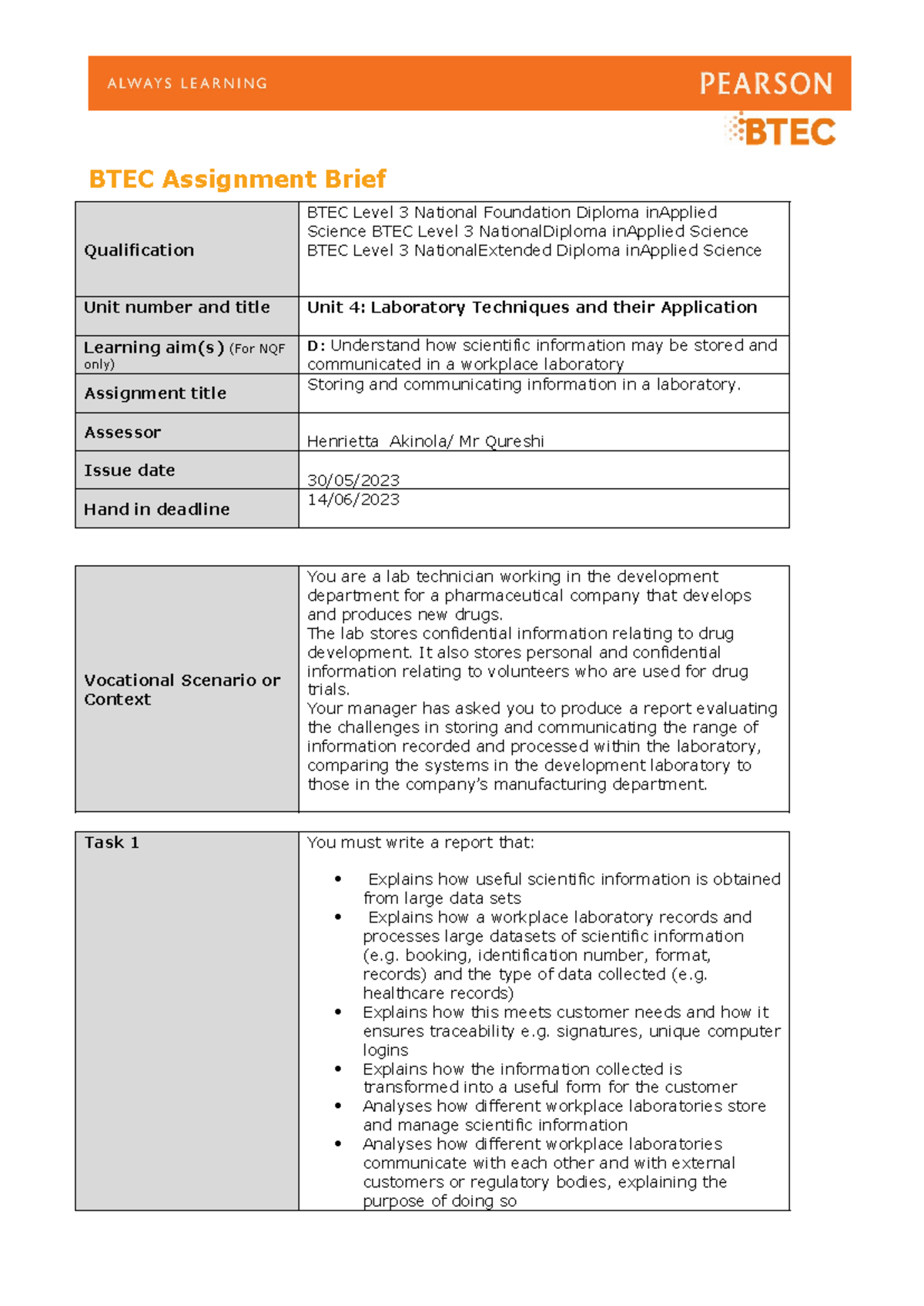 Authorised Assignment Brief For Learning Aim D - Unit 4 - BTEC ...