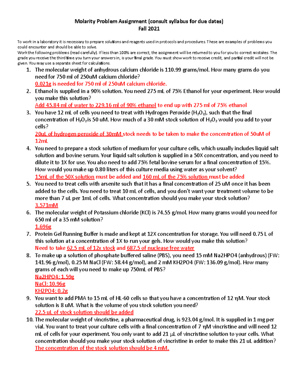 Molarity Problem Assignment - These are examples of problems you could ...
