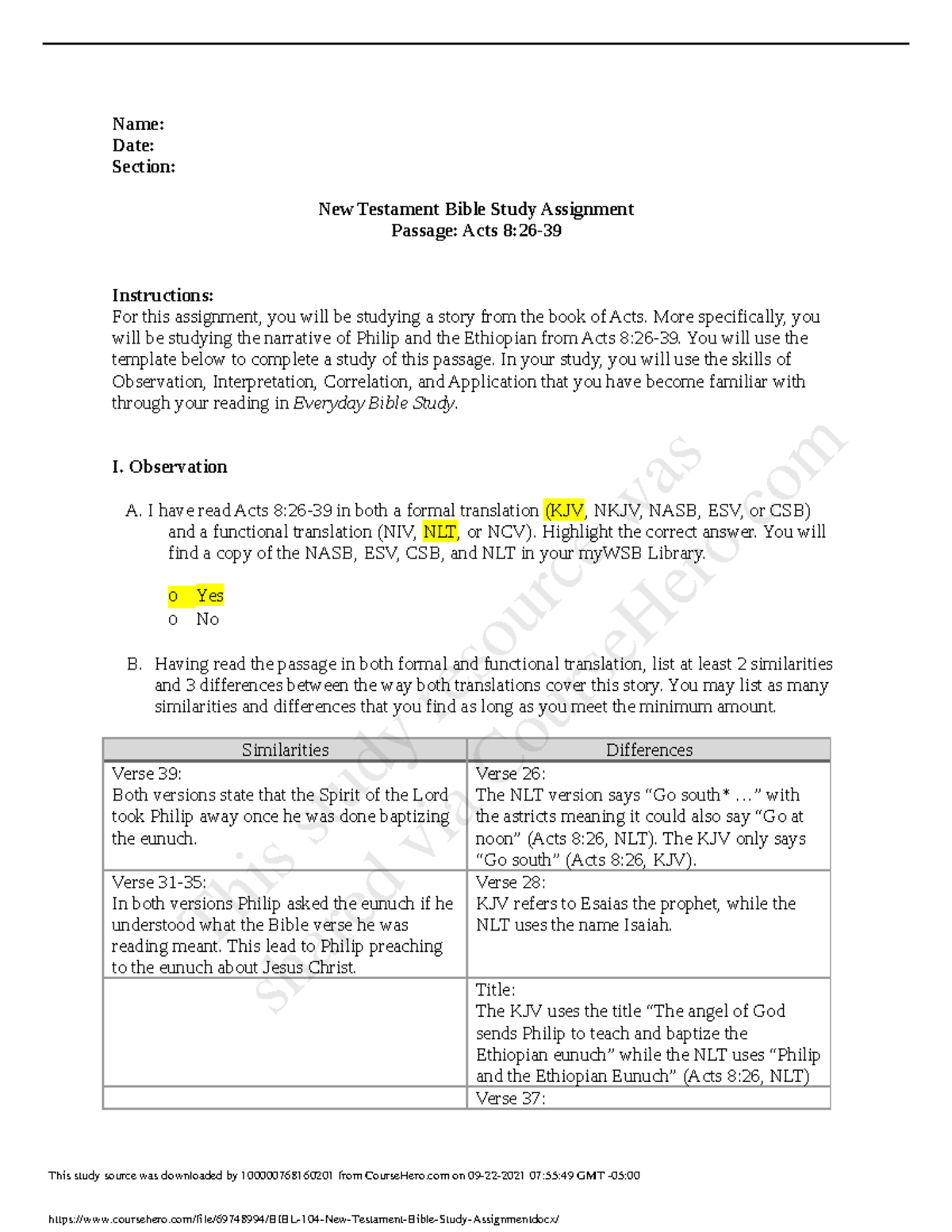 Bibl 104 New Testament Bible Study Assignment.docx - Bibl 105 - Lu - Studocu