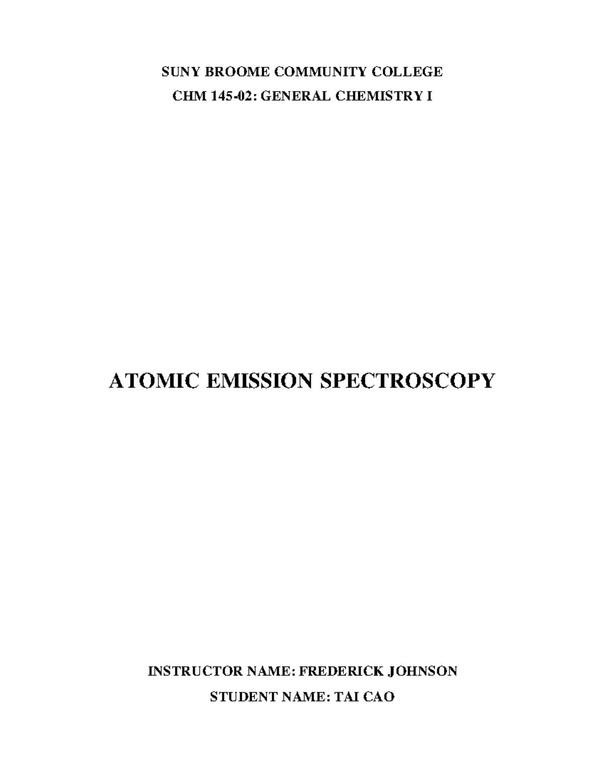 Atomic Emission Spectroscopy SUNY BROOME COMMUNITY COLLEGE CHM 14502