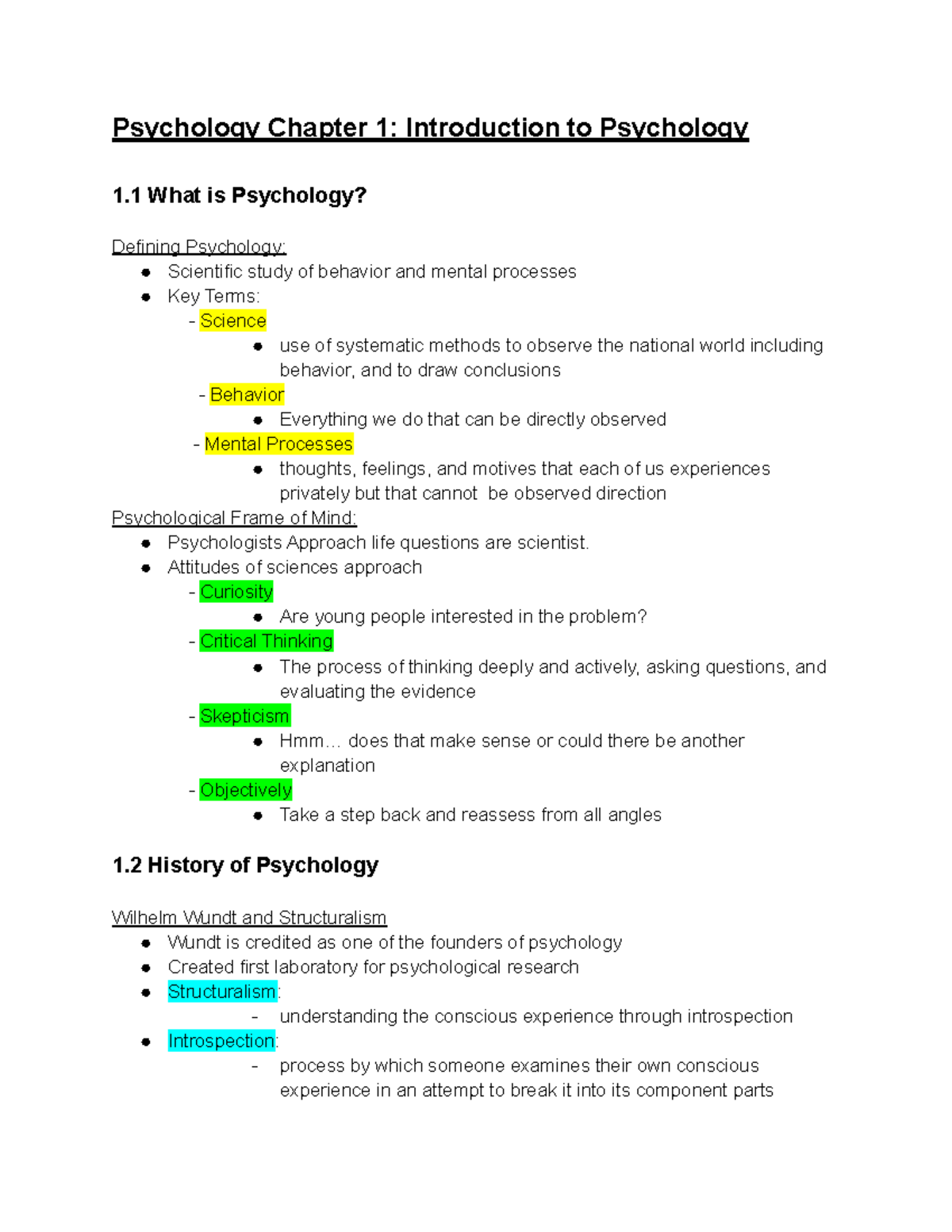 Psychology Chapter 1: Introduction To Psychology - Psychology Chapter 1 ...