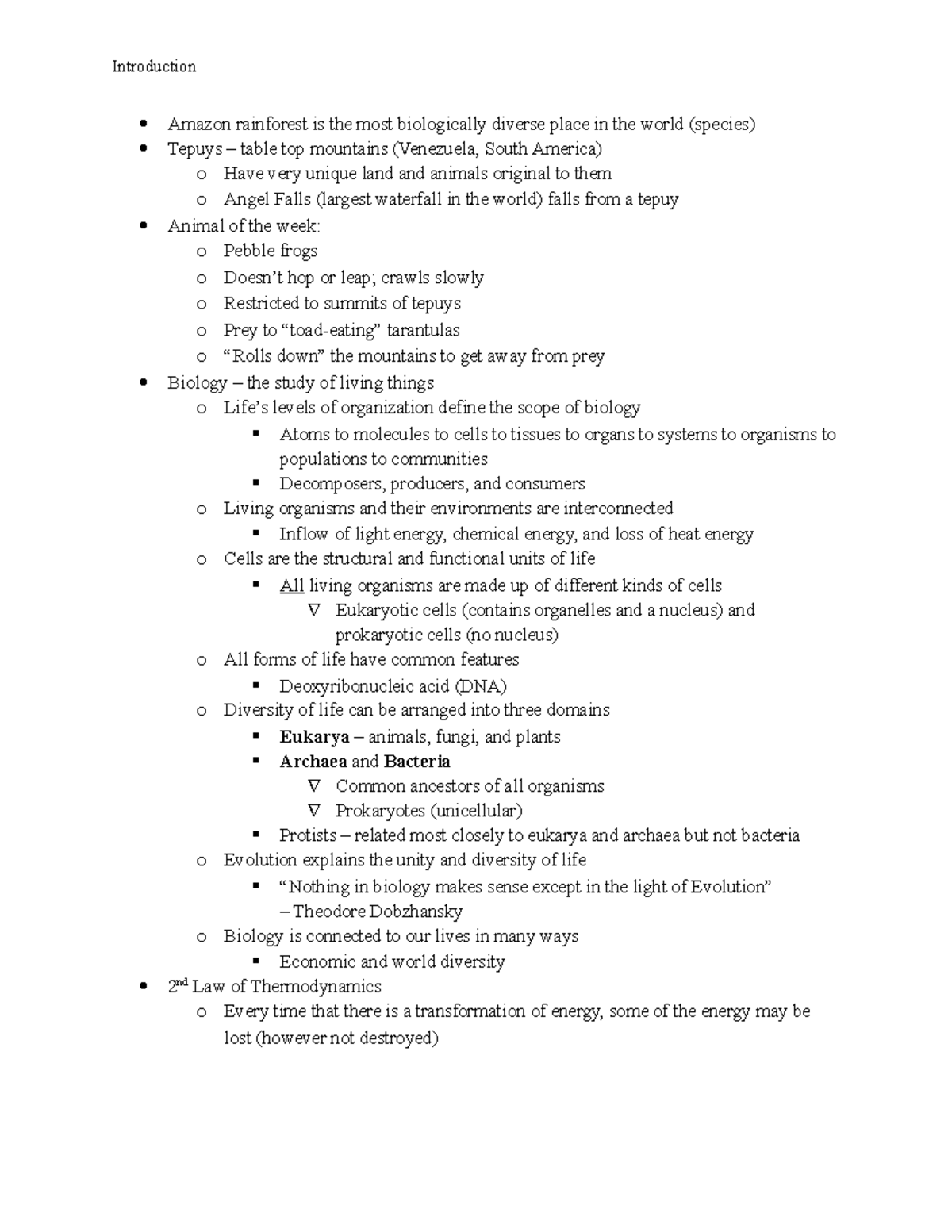 Chapter 1 Notes - Biology 1441 - Introduction Amazon Rainforest Is The 