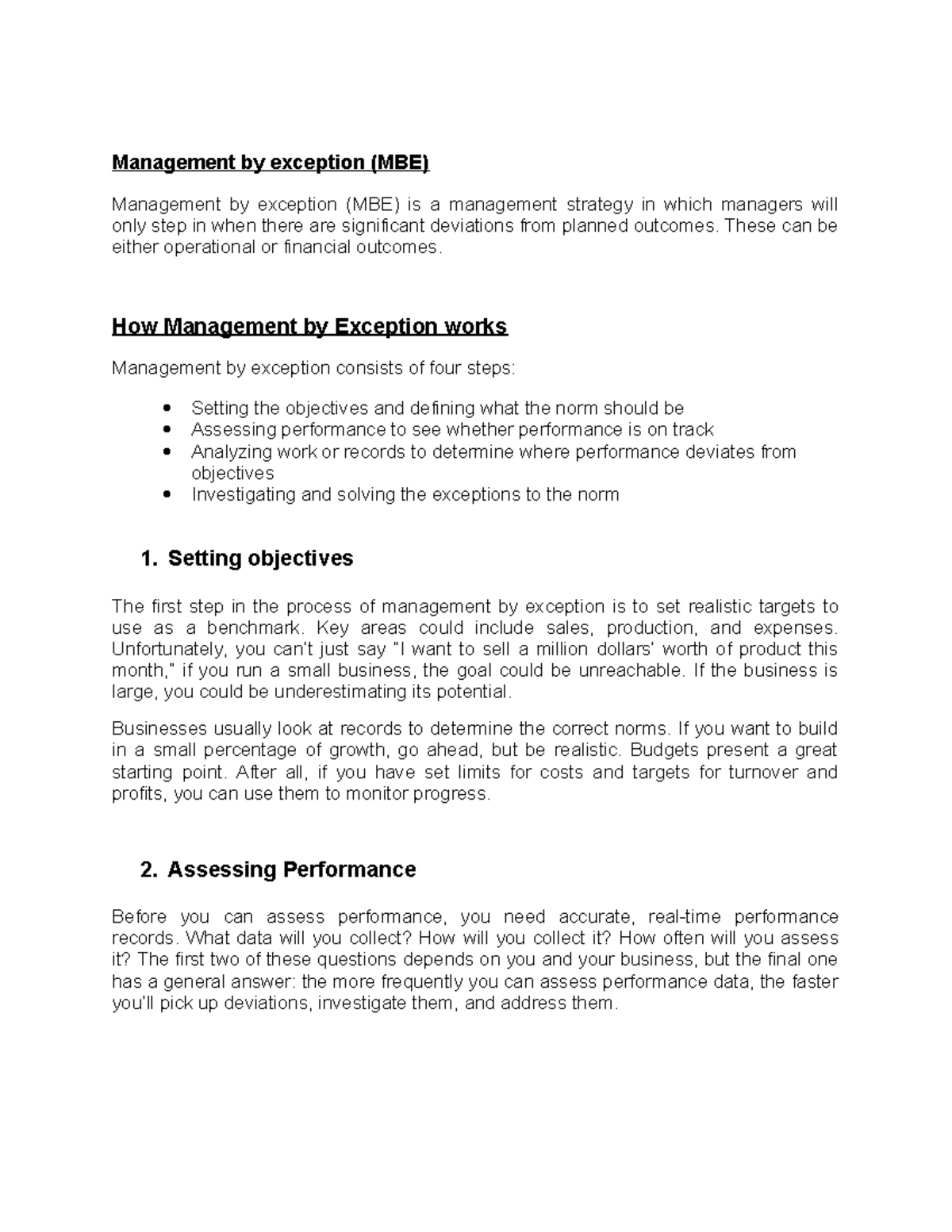 Management by Exception - These can be either operational or financial ...
