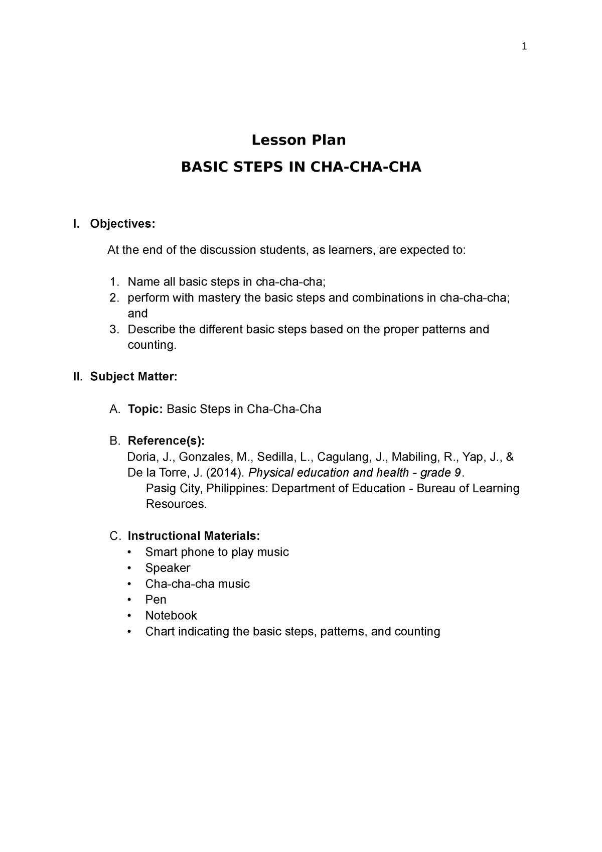 Lesson plan in dance none Lesson Plan BASIC STEPS IN CHA CHA