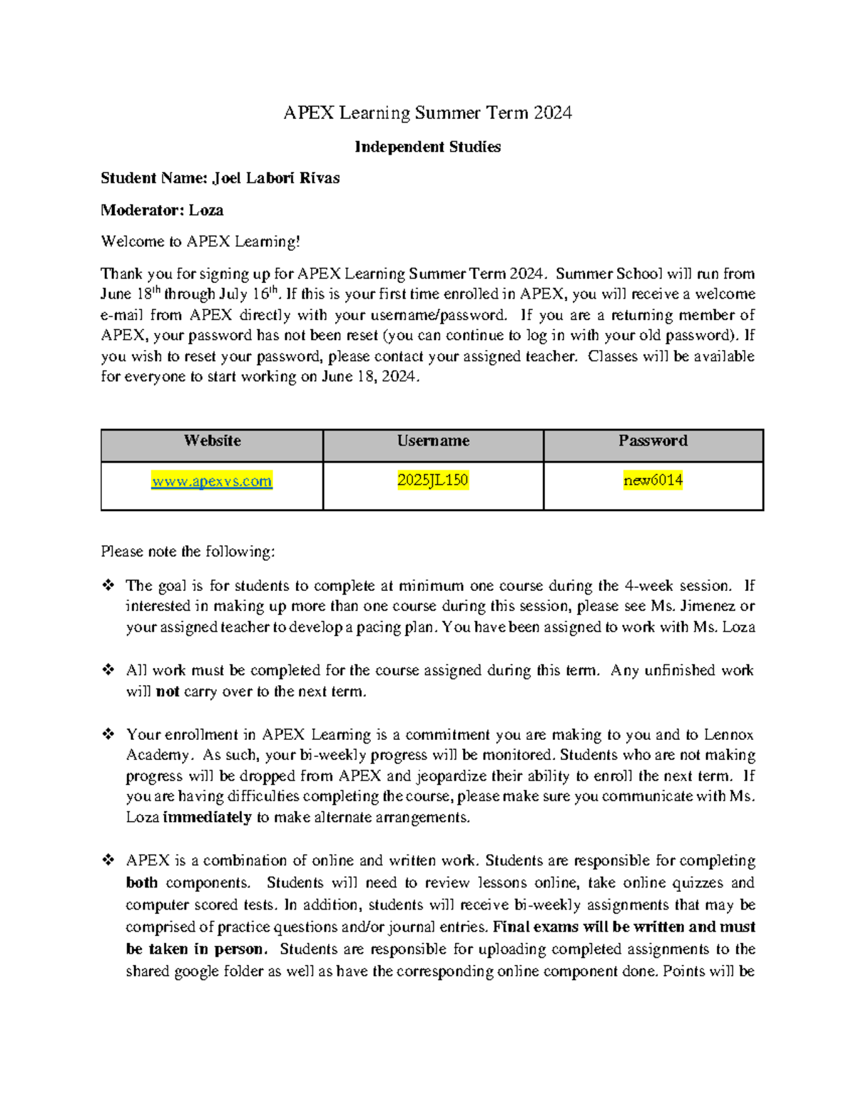 Labori Rivas, Joel wsss APEX Learning Summer Term 2024 Independent