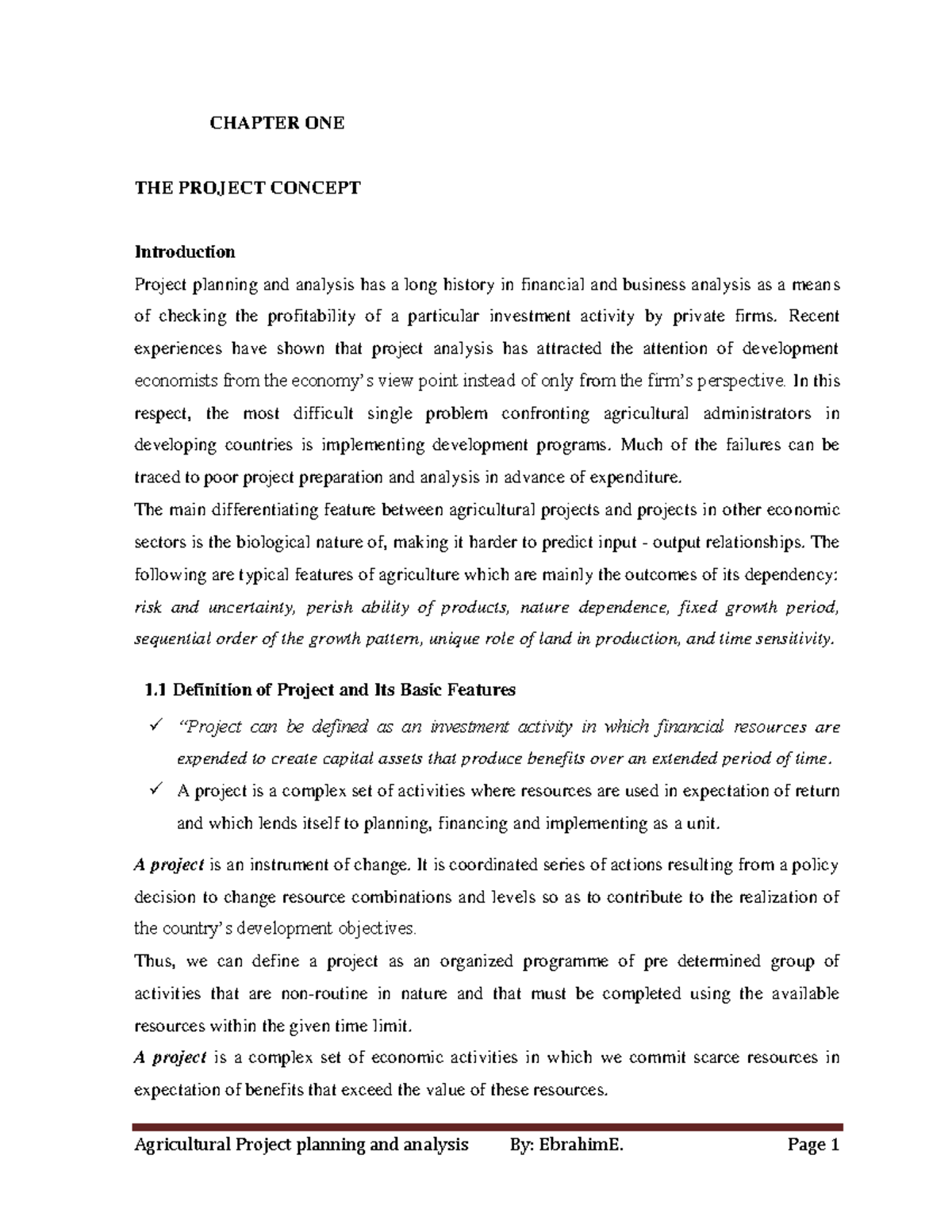 Project planning and Analysis Handout - CHAPTER ONE THE PROJECT CONCEPT ...