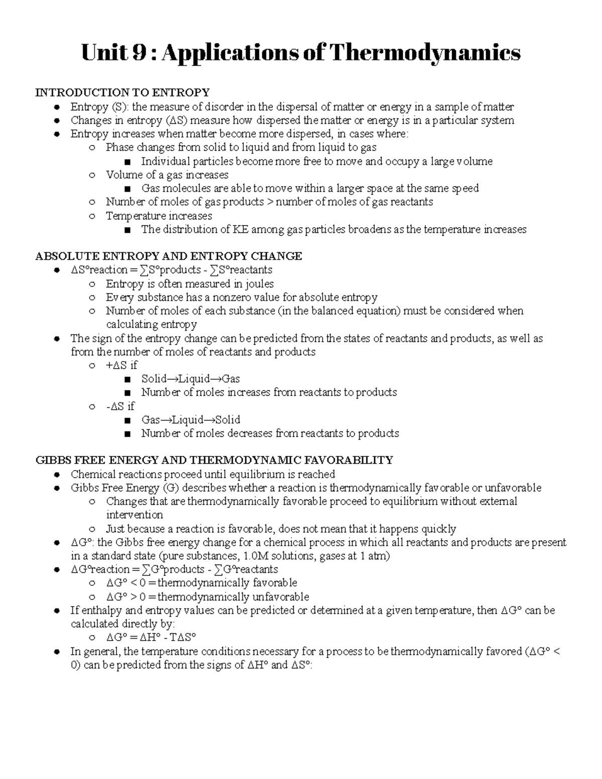 AP Chemistry Unit 9 Review Unit 9 Applications of Thermodynamics