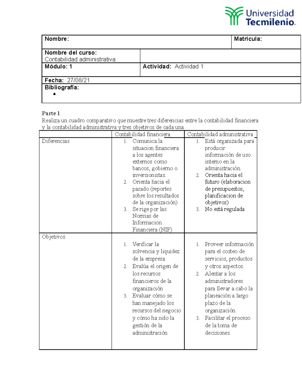 Actividad 1 Conta Adm - Nombre:Matrícula: Nombre del curso ...