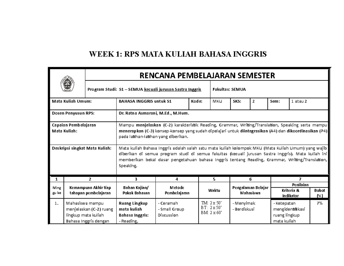 WEEK 1 - Rencana Pembelajaran Semester 1 Bahasa Inggris - WEEK 1: RPS ...