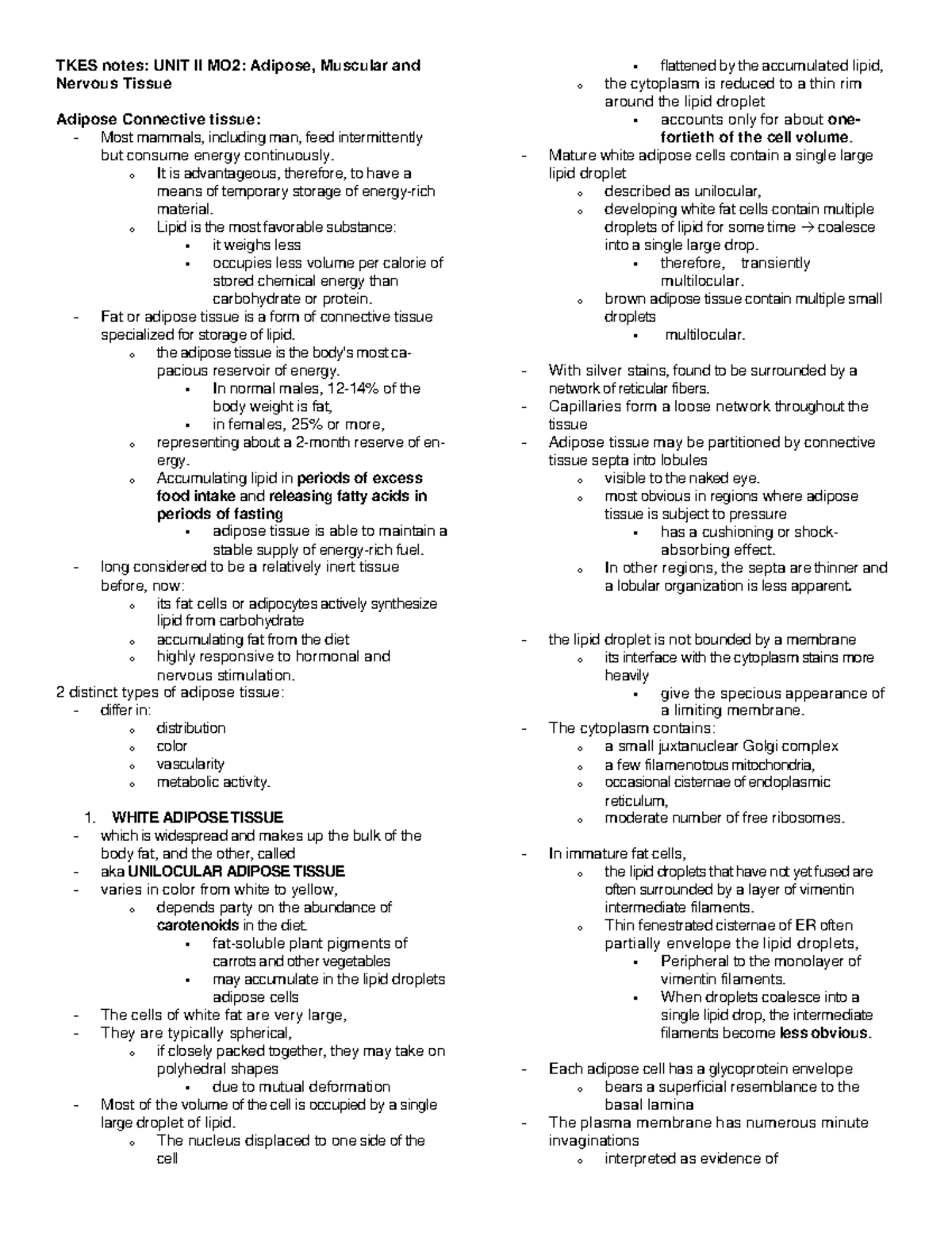 Adipose, Muscular and Nervous Tissue - TKES notes: UNIT II MO2: Adipose ...