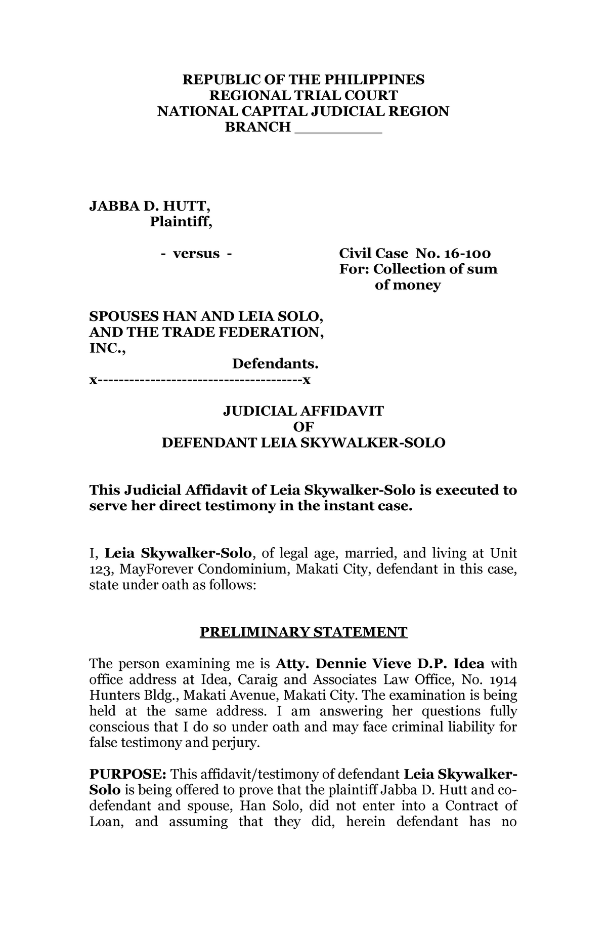 Sample Judicial Affidavit Republic Of The Philippines Regional Trial Court National Capital 6046