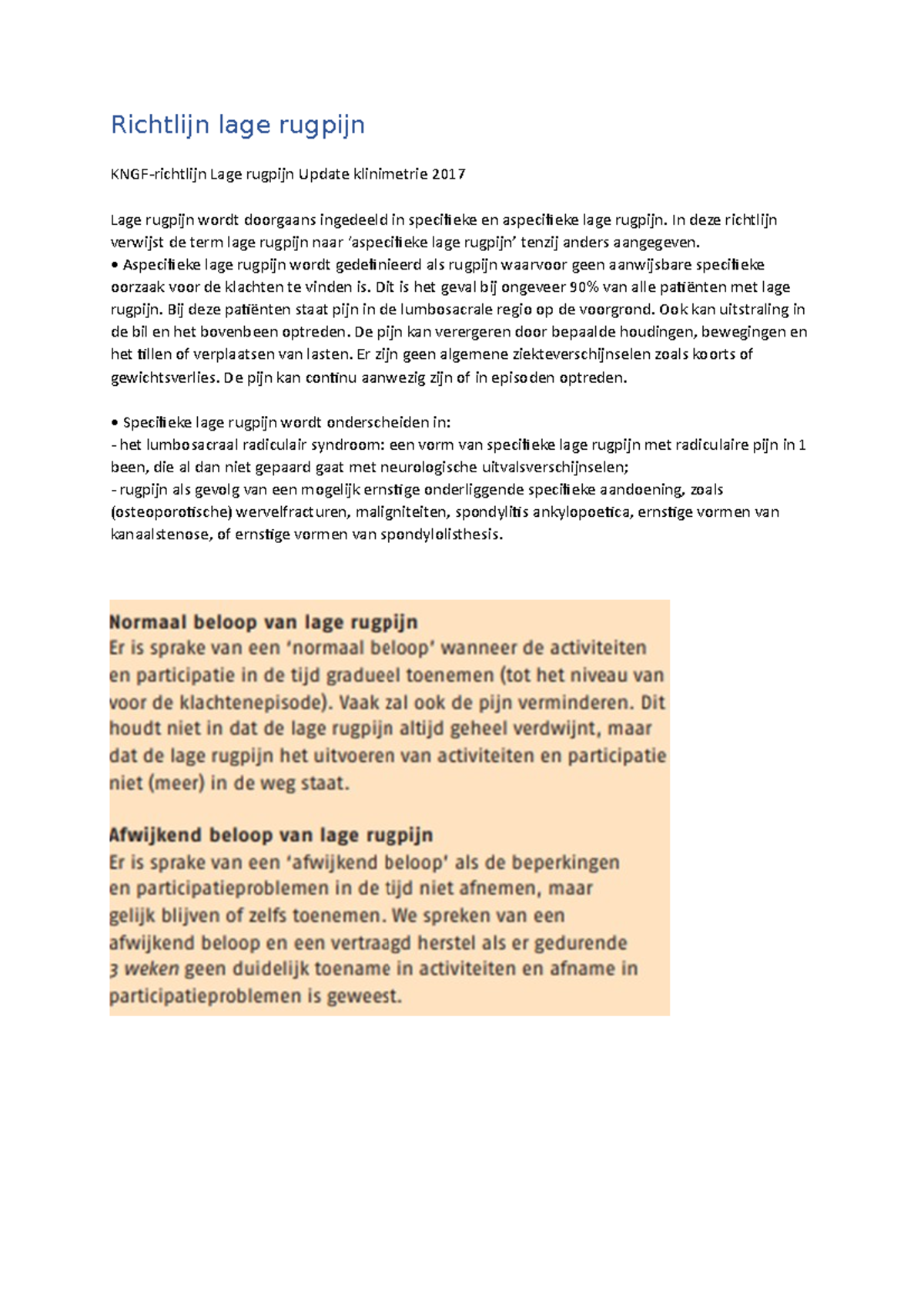 KNGF Richtlijn Lage Rugpijn Samenvatting - Richtlijn Lage Rugpijn KNGF ...