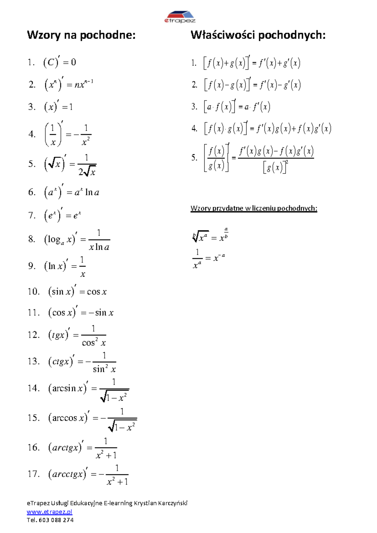 Pochodne wzory - eTrapez Usługi Edukacyjne E-learning Krystian ...