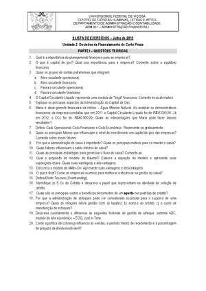 Lista Exercicios CPA20 - Administração Financeira