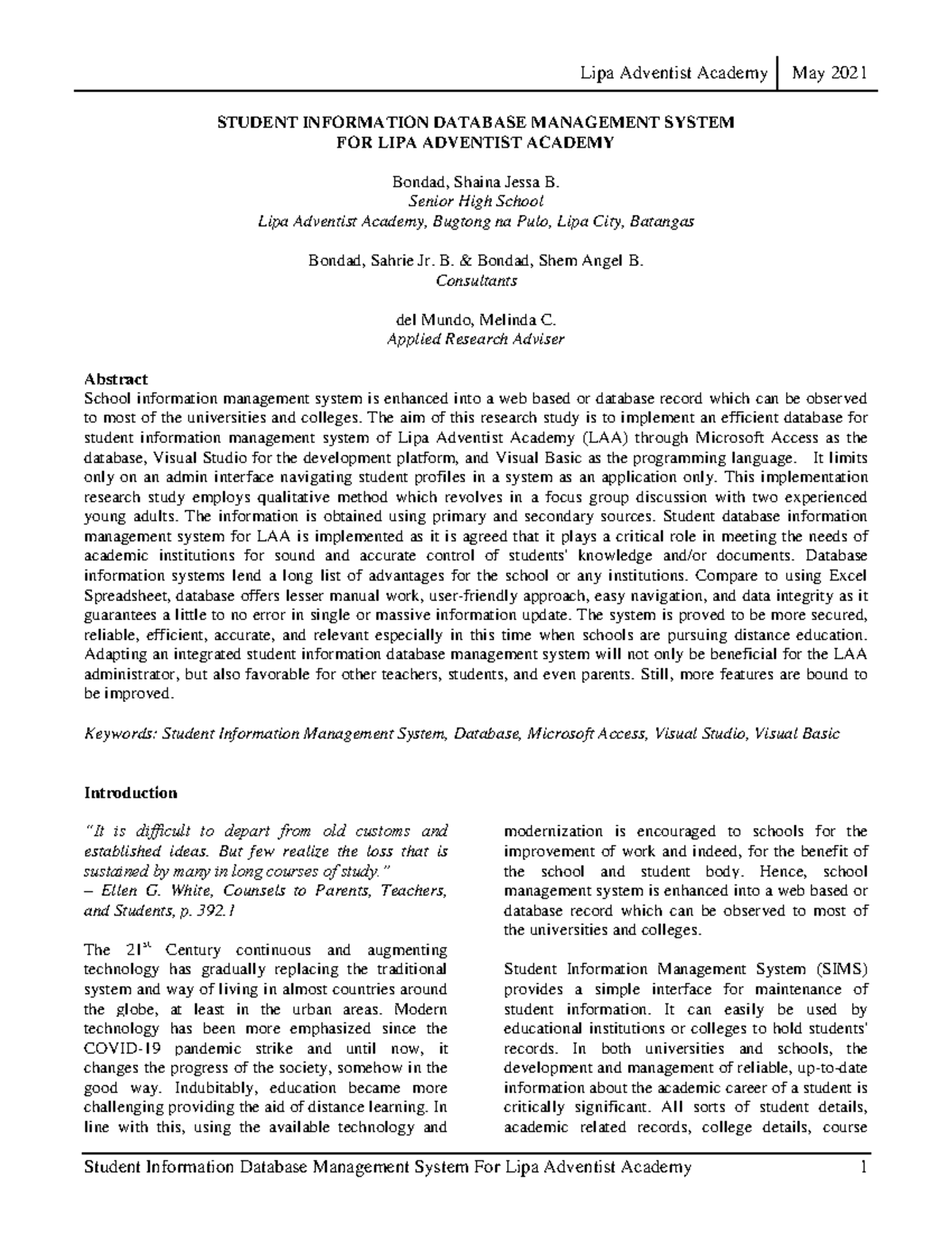 Student Information Database Management - STUDENT INFORMATION DATABASE ...