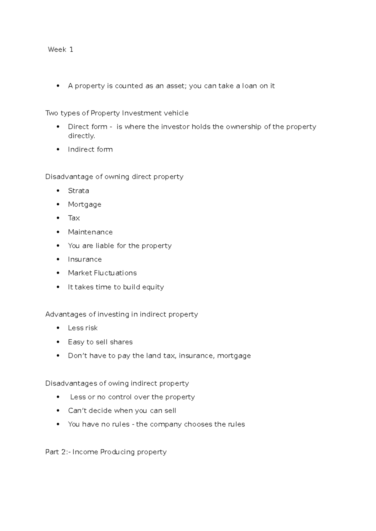 Property Finance Notes - Week 1 A property is counted as an asset; you ...