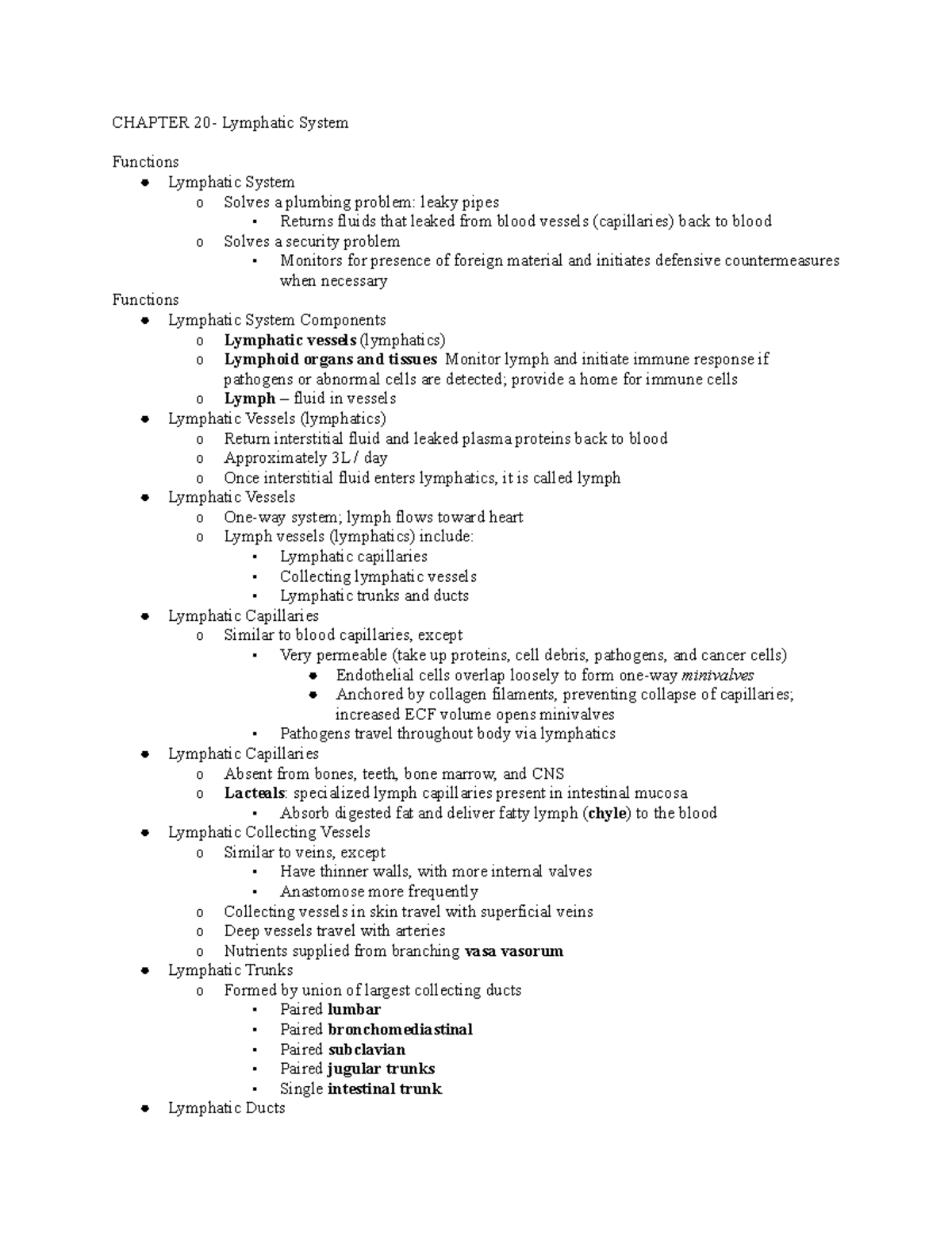 Chapter 20- Lymphatic System - CHAPTER 20- Lymphatic System Functions ...