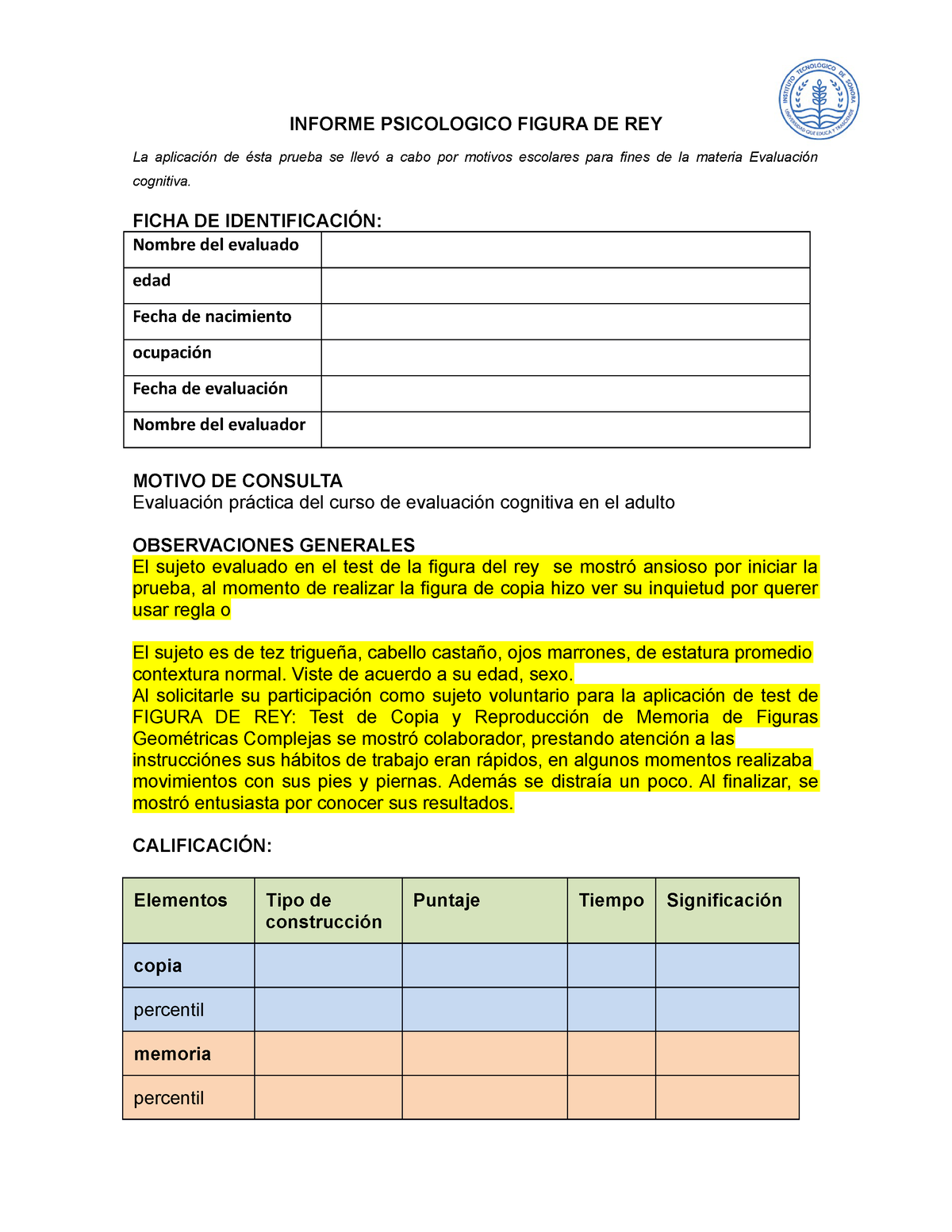 Formato 4 Ejemplo De Informe Figura De Rey 2021 - INFORME PSICOLOGICO ...