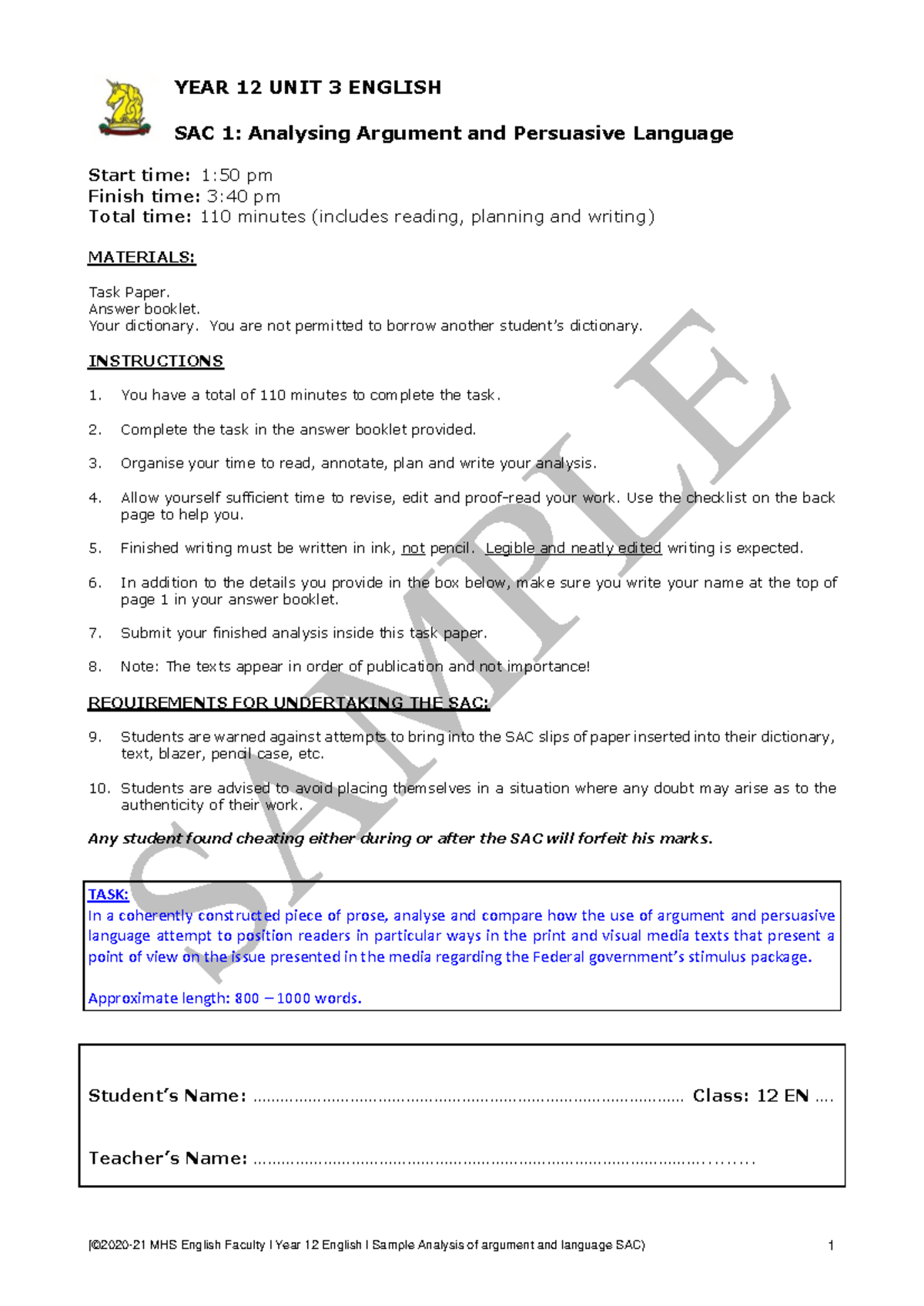 Argument Analysis SAC Sample 2 - YEAR 12 UNIT 3 ENGLISH SAC 1 ...