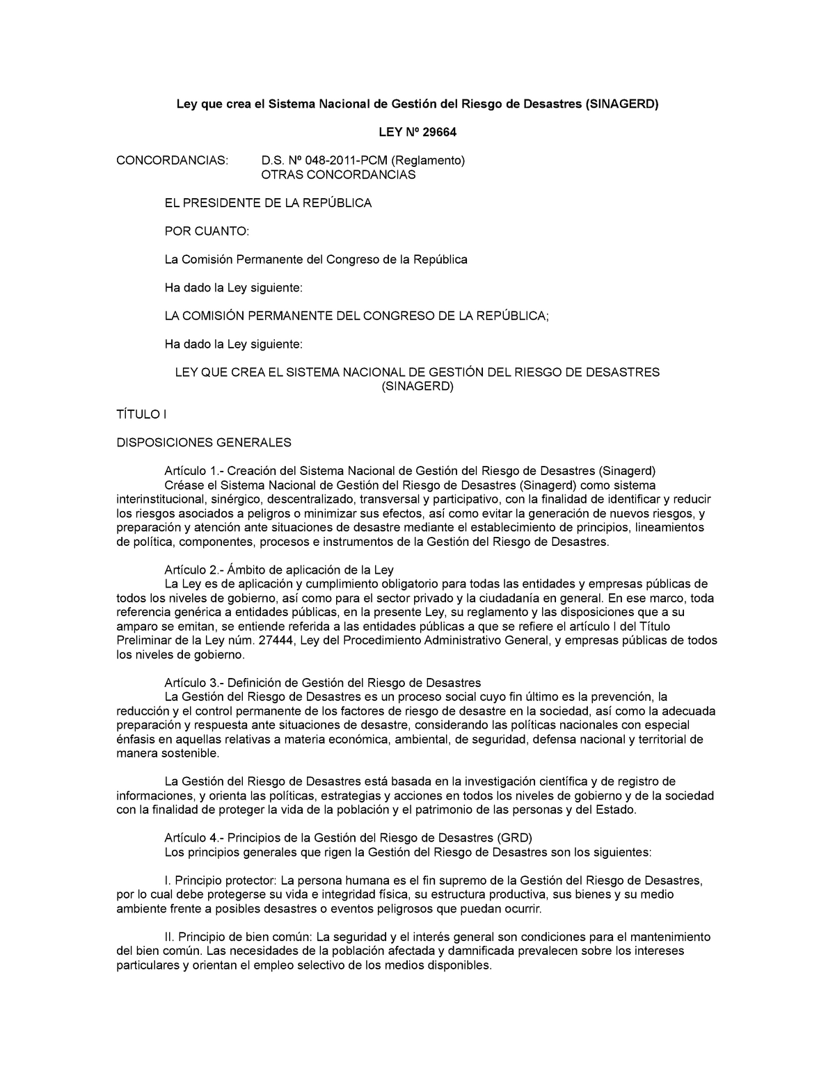 1ley 29664 Ley Que Crea El Sistema Nacional De Gestión Del Riesgo De Desastres Ley Que Crea 3862