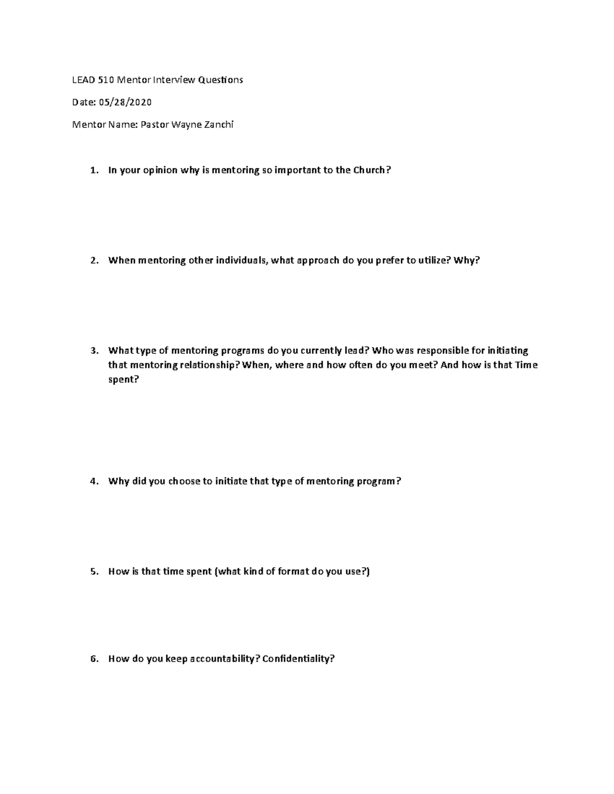 LEAD 510 Mentor Interview Questions Pastor Wayne - LEAD 510 Mentor ...