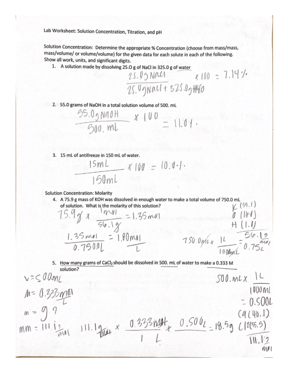 Lab Worksheet Solution Concentration, Titration, and p H CHM105
