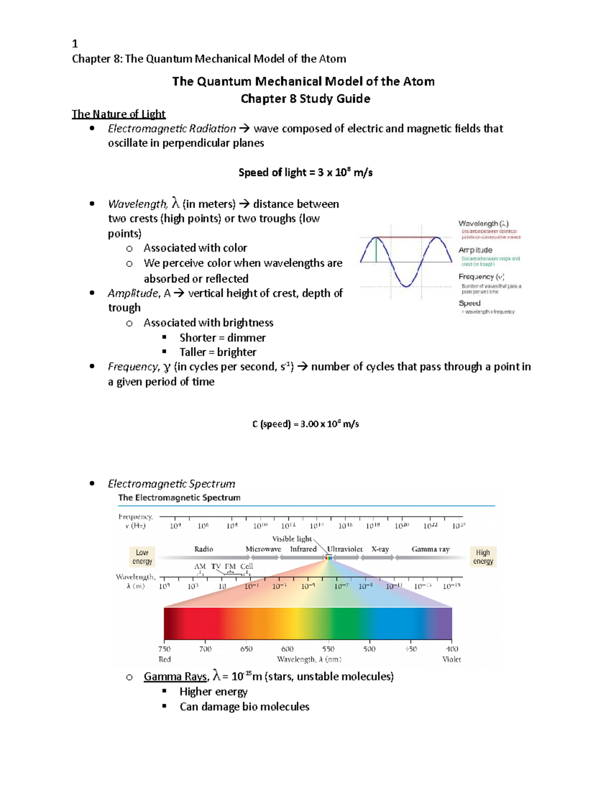 Gen Chem I - Chapter 8 Study Guide, Prof Deak - Chapter 8: The Quantum ...