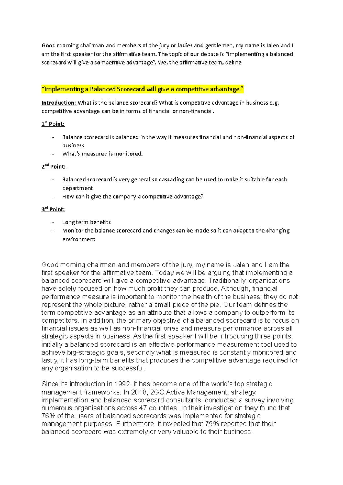 Script for debate - Good morning chairman and members of the jury or ...