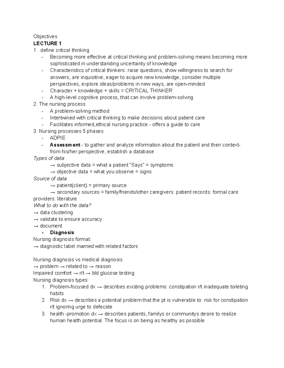 Nurs 202 midterm - Objectives LECTURE 1 define critical thinking ...