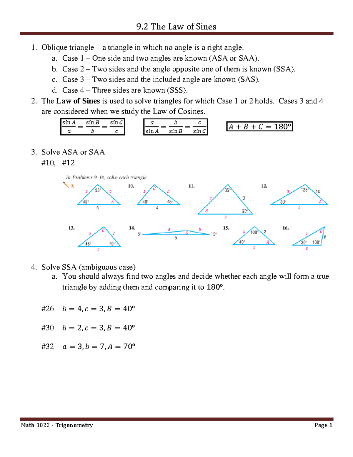 9 2 The Law of Sines - Tanya Lueder - 9 The Law of Sines Math 1022 ...