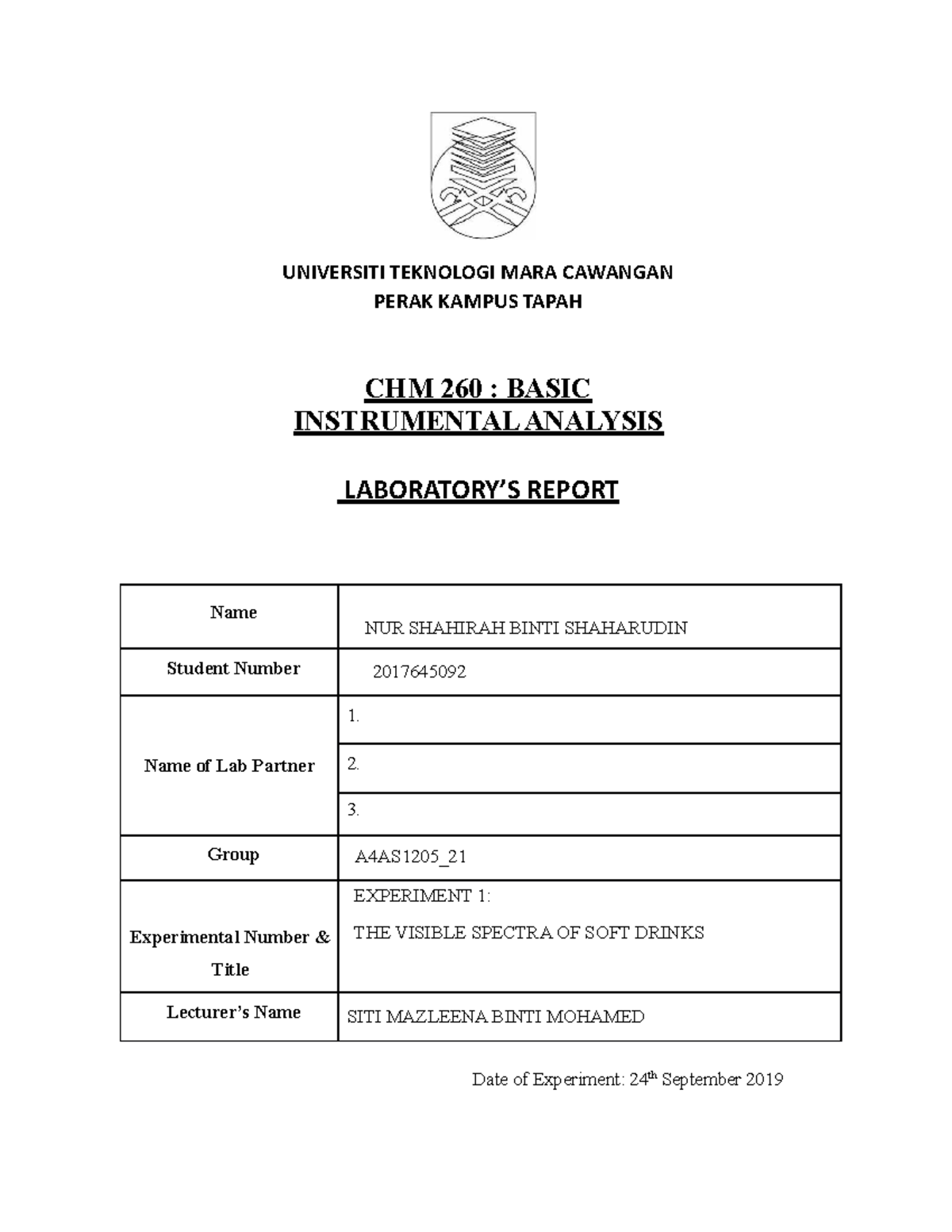 Exp 1 Chm260 Lab Report - UNIVERSITI TEKNOLOGI MARA CAWANGAN PERAK ...