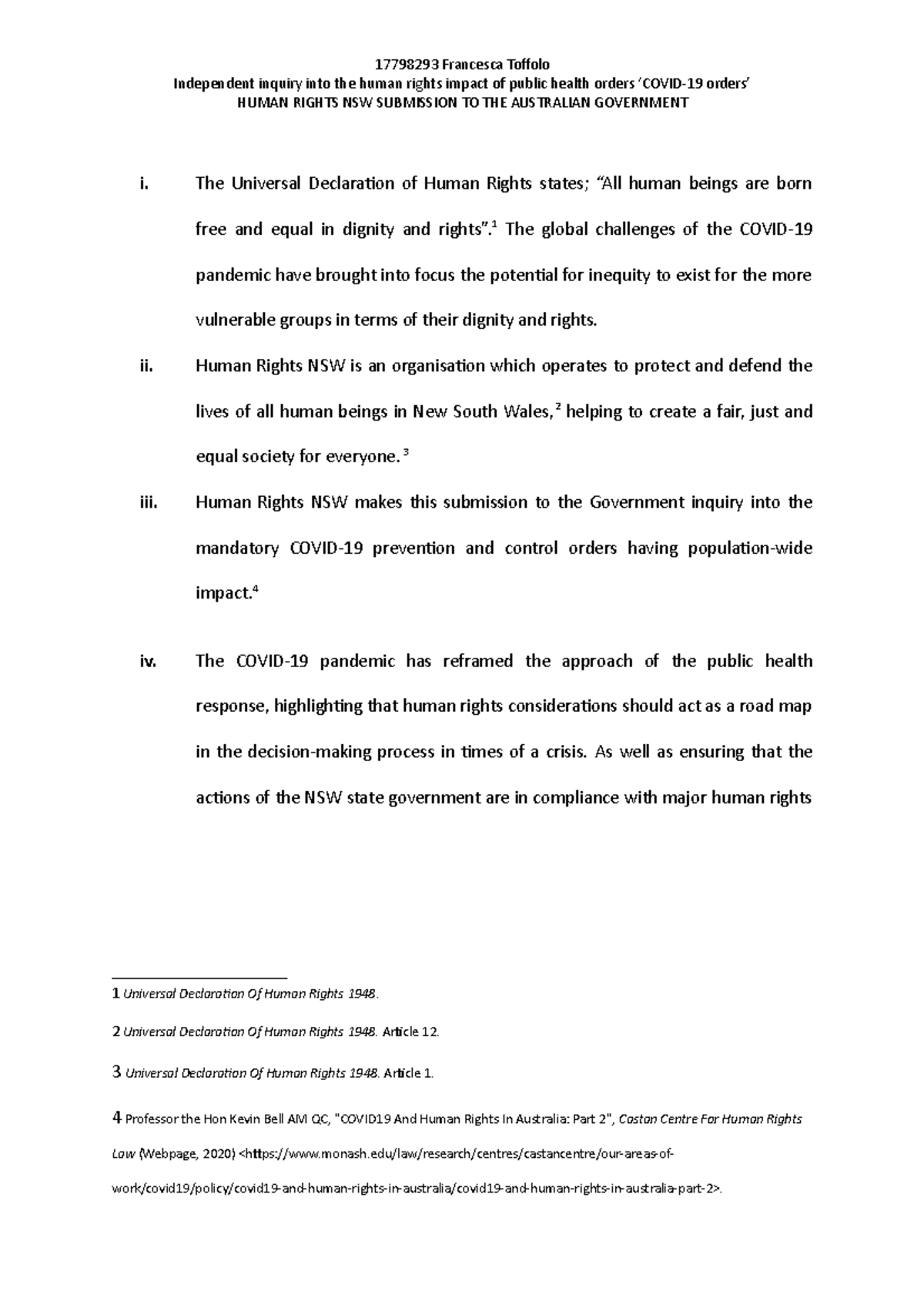 Human Rights Assignment - HUMAN RIGHTS NSW SUBMISSION TO THE AUSTRALIAN ...
