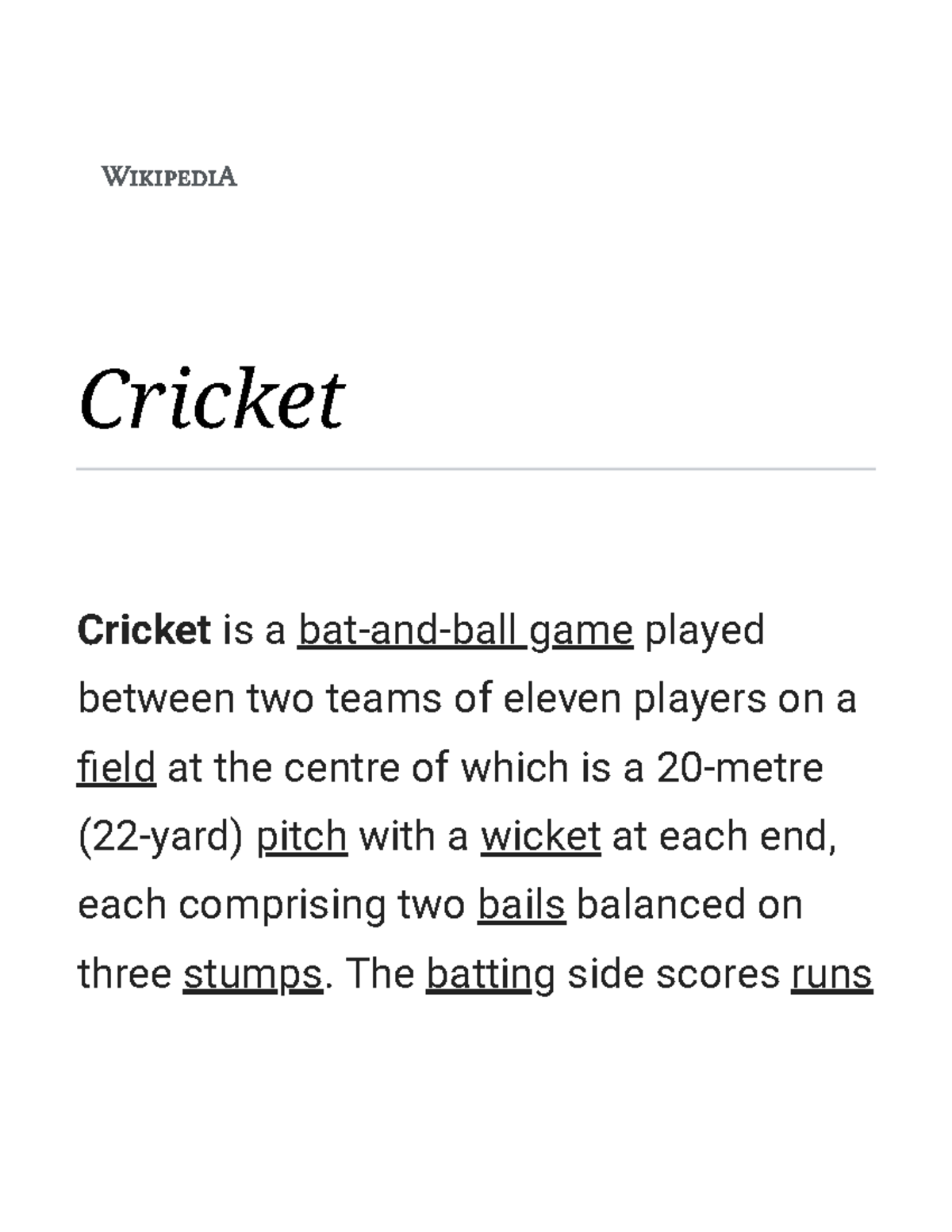 Toaz Bskd Sear Cricket Cricket is a batandball game played